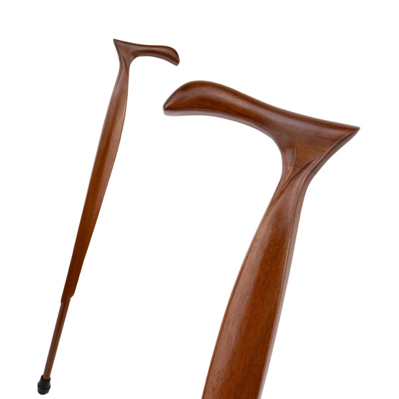 hand carved ergonomic wooden walking cane - close-up view