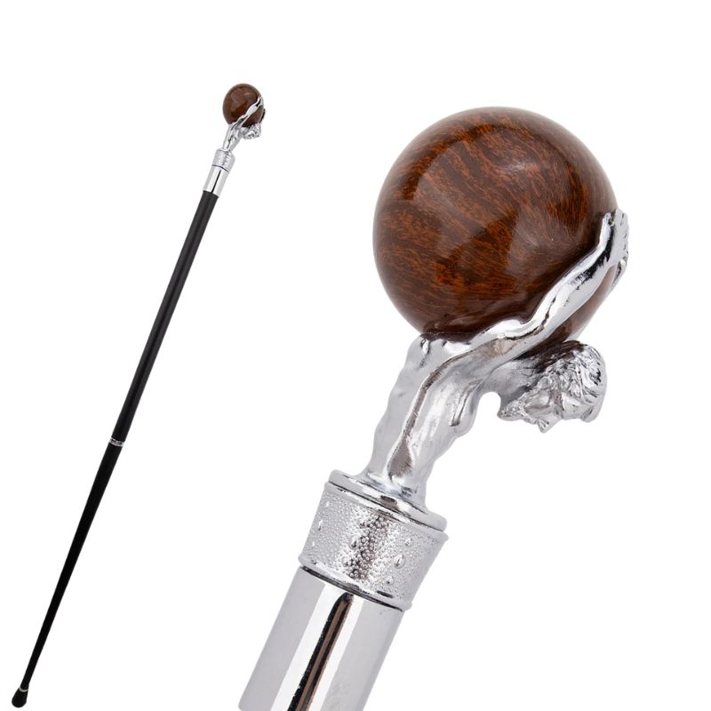 atlas sculpted luxury wooden walking cane - close-up view