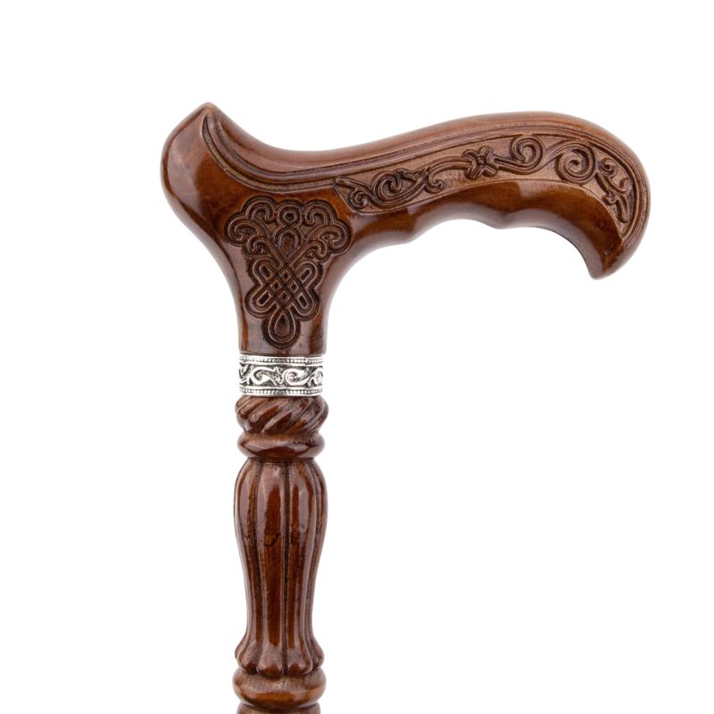 antique style carved wooden walking cane - handle detail
