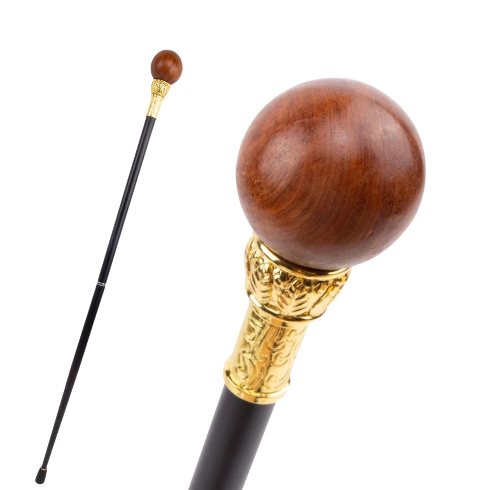 ball handle wooden walking cane - close-up view