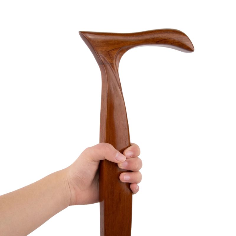 hand carved ergonomic wooden walking cane - side profile