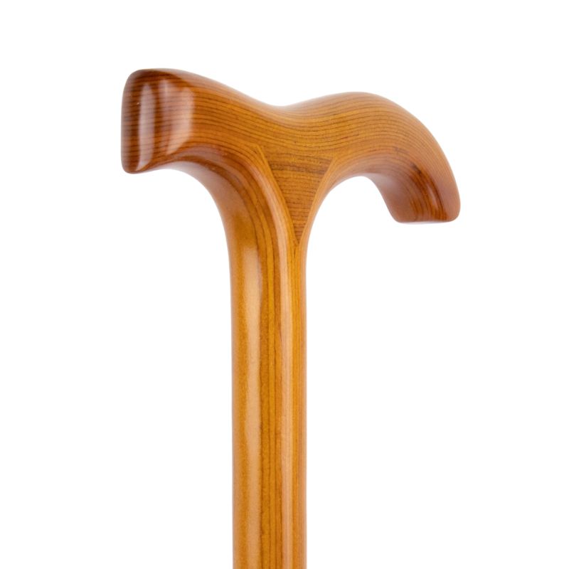 amber wood walking cane with t-handle - close-up view