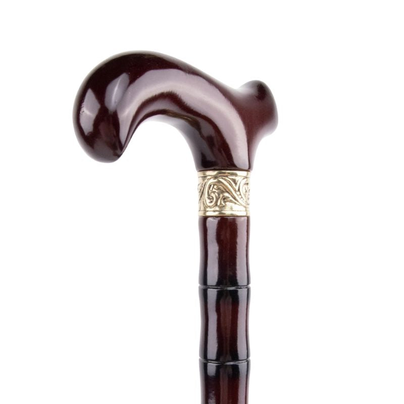 original wooden walking cane with hook handle - close-up view
