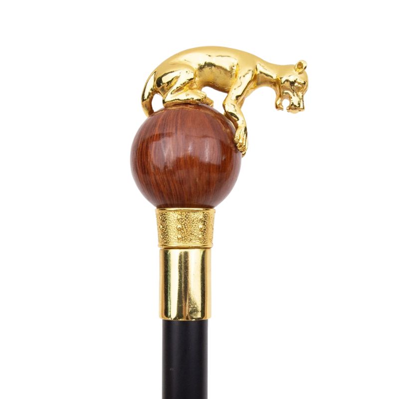 leopard ball wooden walking cane - close-up view