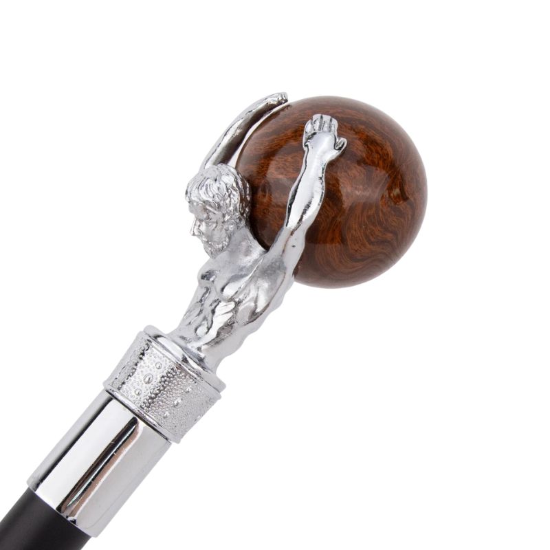 atlas sculpted luxury wooden walking cane - pommel detail