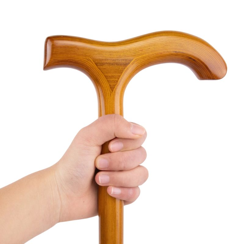 amber wood walking cane with t-handle - pommel detail