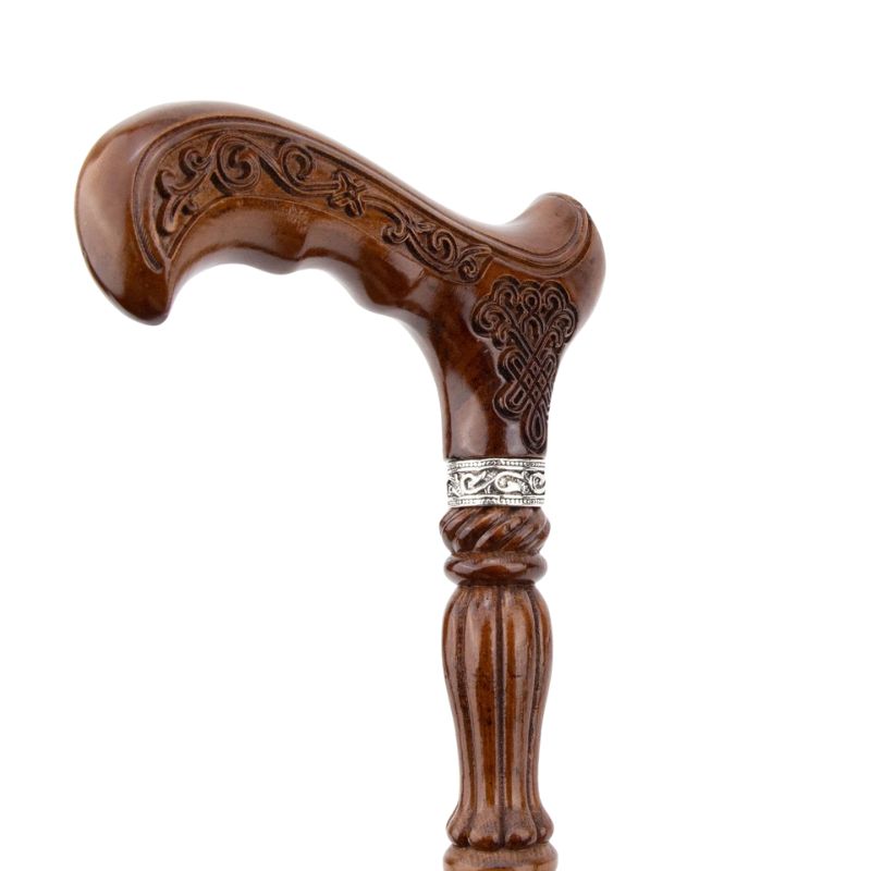 antique style carved wooden walking cane - pommel detail