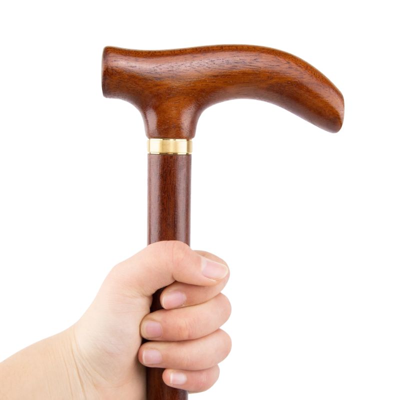 luxury wooden walking cane with gold accent ring - pommel detail