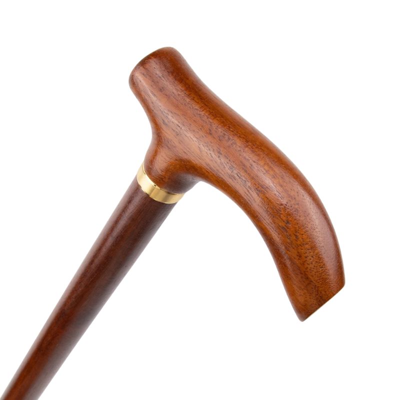 luxury wooden walking cane with gold accent ring - full length view