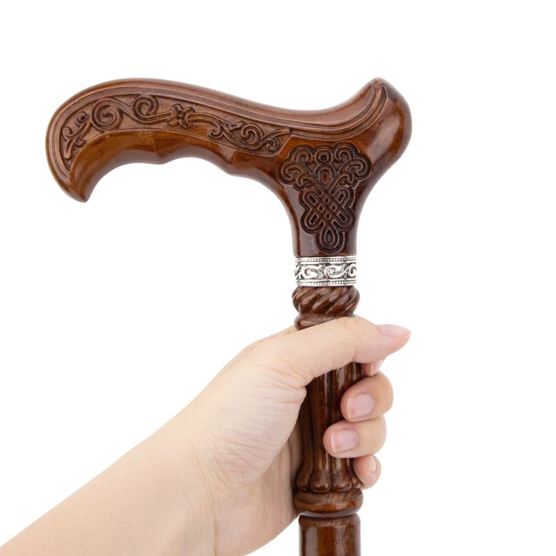 antique style carved wooden walking cane - full length view