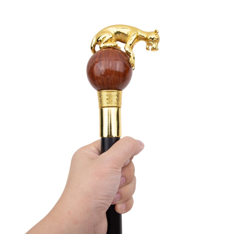 leopard ball wooden walking cane - full length view