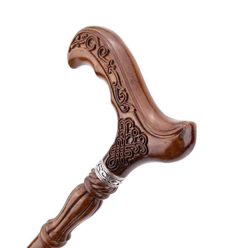 antique style carved wooden walking cane - tip and ferrule