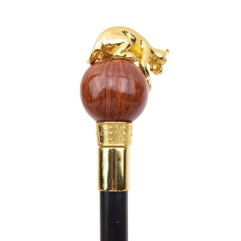 leopard ball wooden walking cane - pommel detail