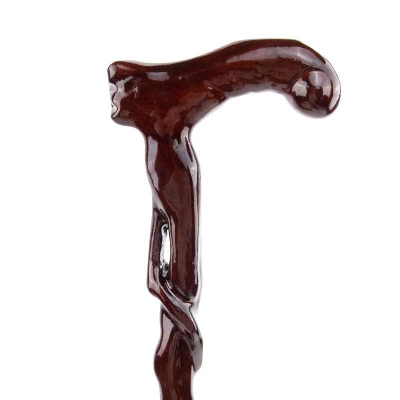 curved wooden walking cane with ergonomic grip - handle detail