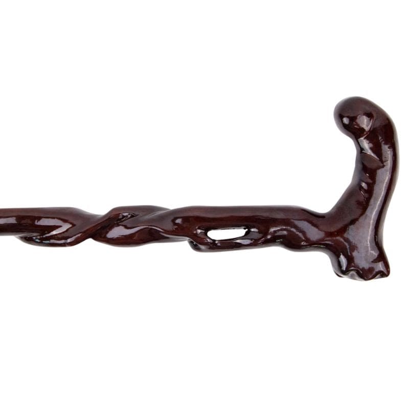 curved wooden walking cane with ergonomic grip - full length view