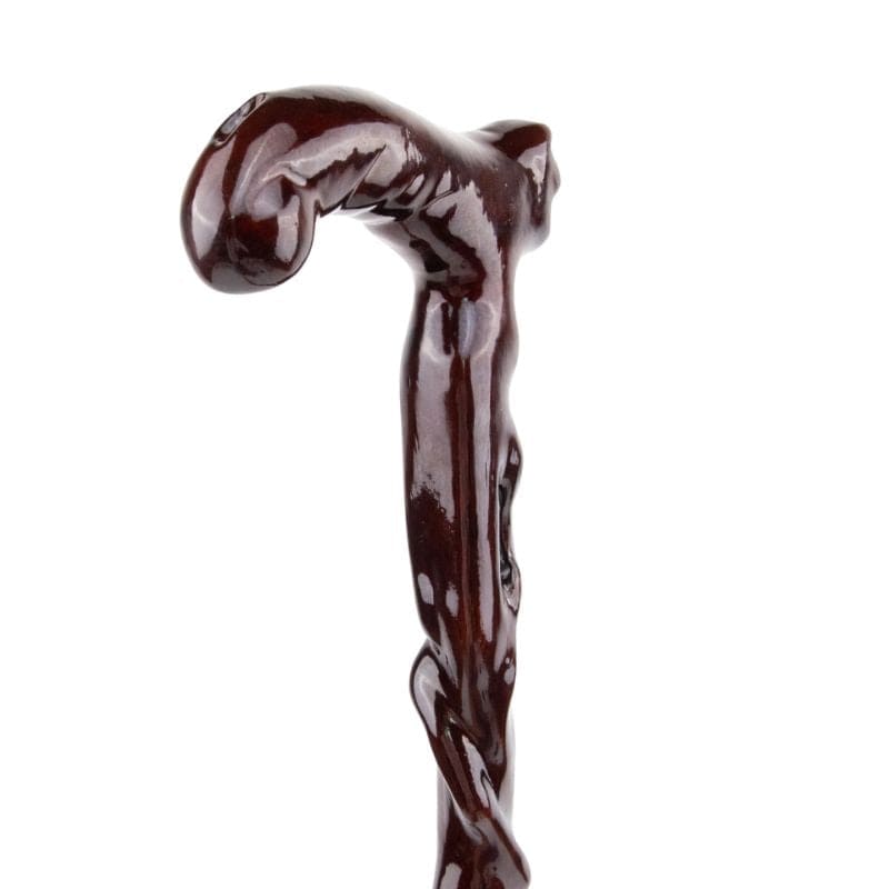 curved wooden walking cane with ergonomic grip - side profile