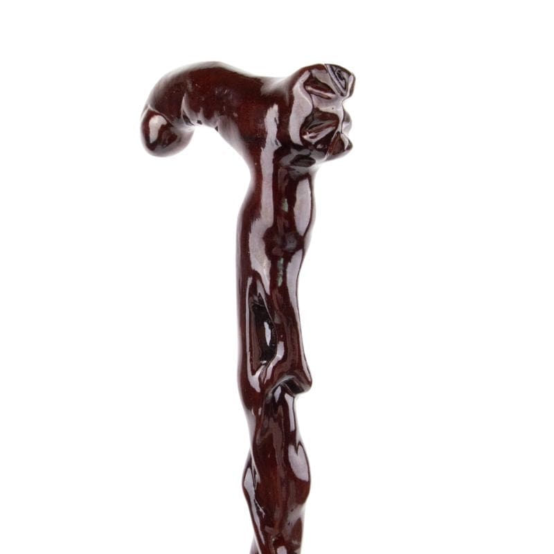 curved wooden walking cane with ergonomic grip - close-up view