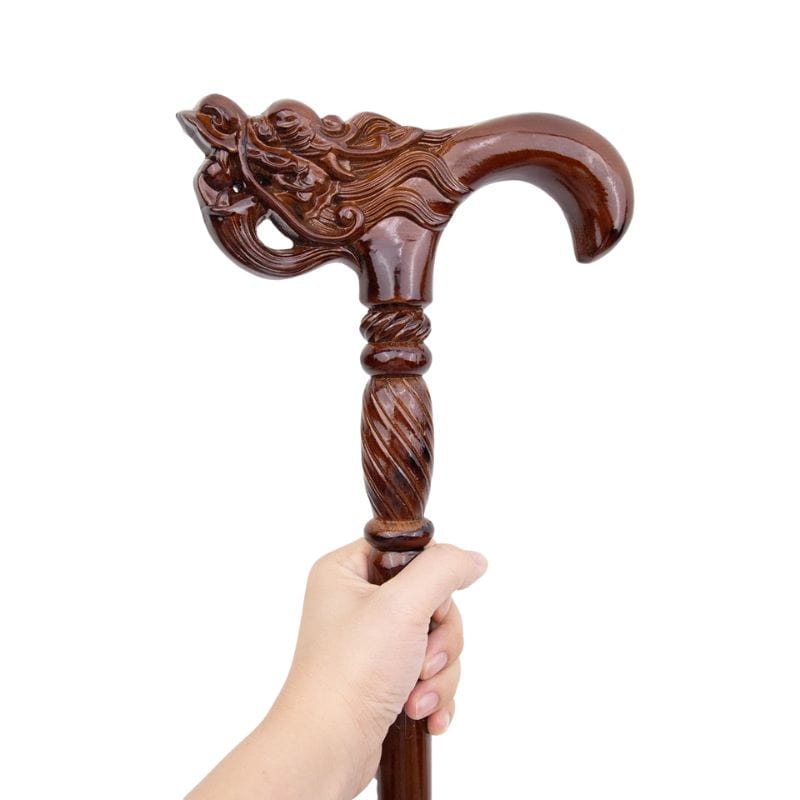 chinese dragon head wooden walking cane - tip and ferrule