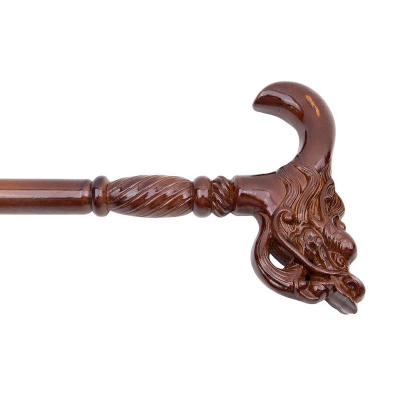 chinese dragon head wooden walking cane - full length view