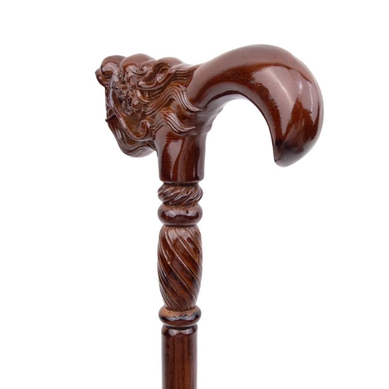 chinese dragon head wooden walking cane - pommel detail