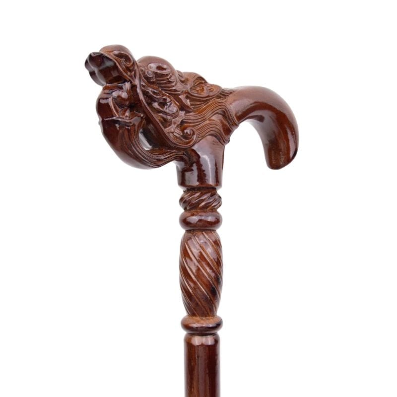 chinese dragon head wooden walking cane - side profile