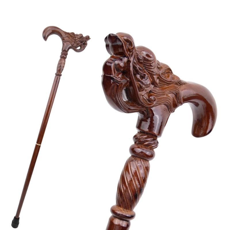 chinese dragon head wooden walking cane - close-up view