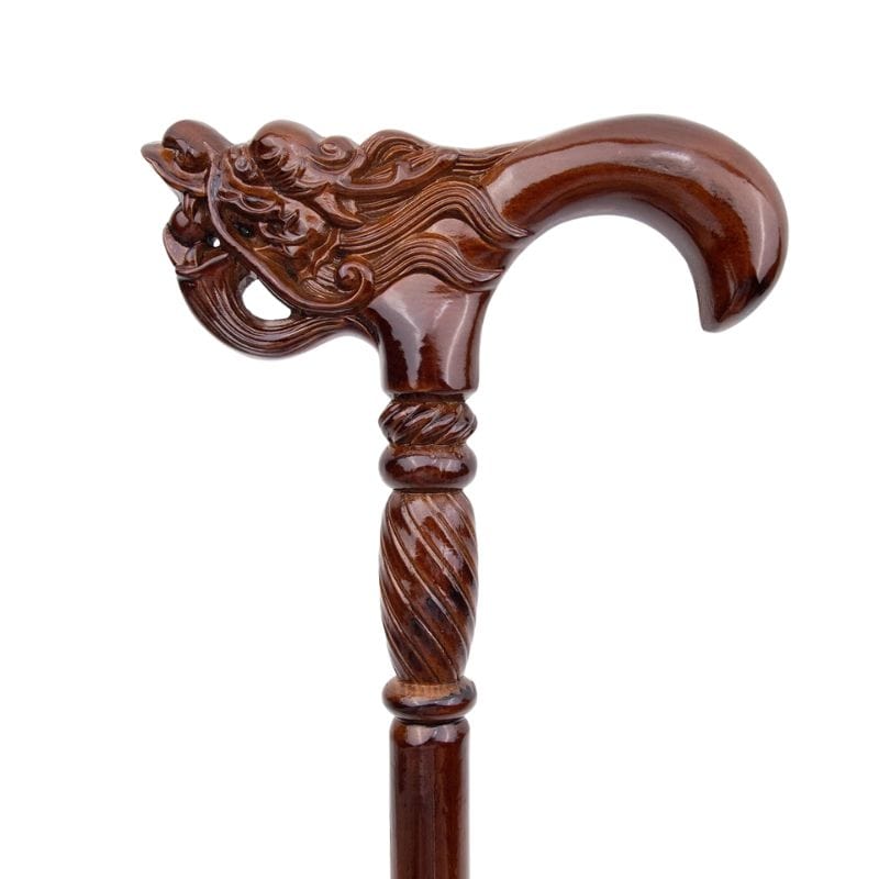 chinese dragon head wooden walking cane - handle detail