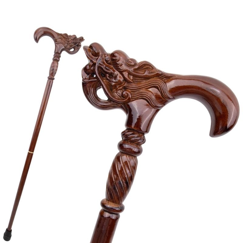 chinese dragon head wooden walking cane