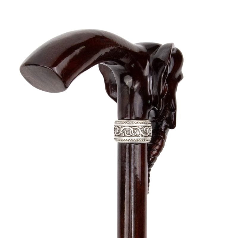 elephant head wooden walking cane - full length view