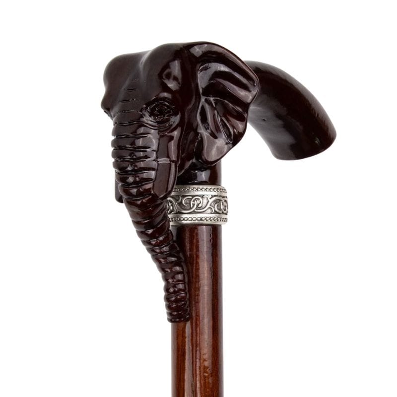 elephant head wooden walking cane - pommel detail