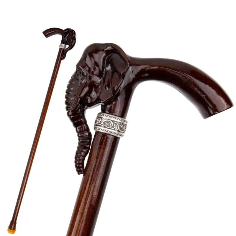 elephant head wooden walking cane - close-up view