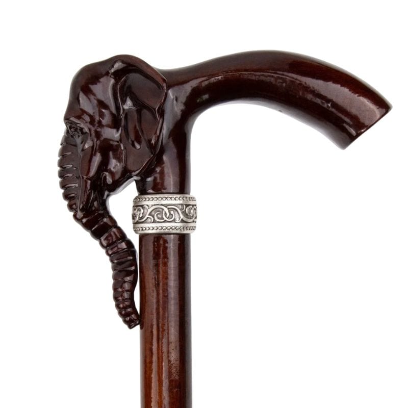 elephant head wooden walking cane - handle detail