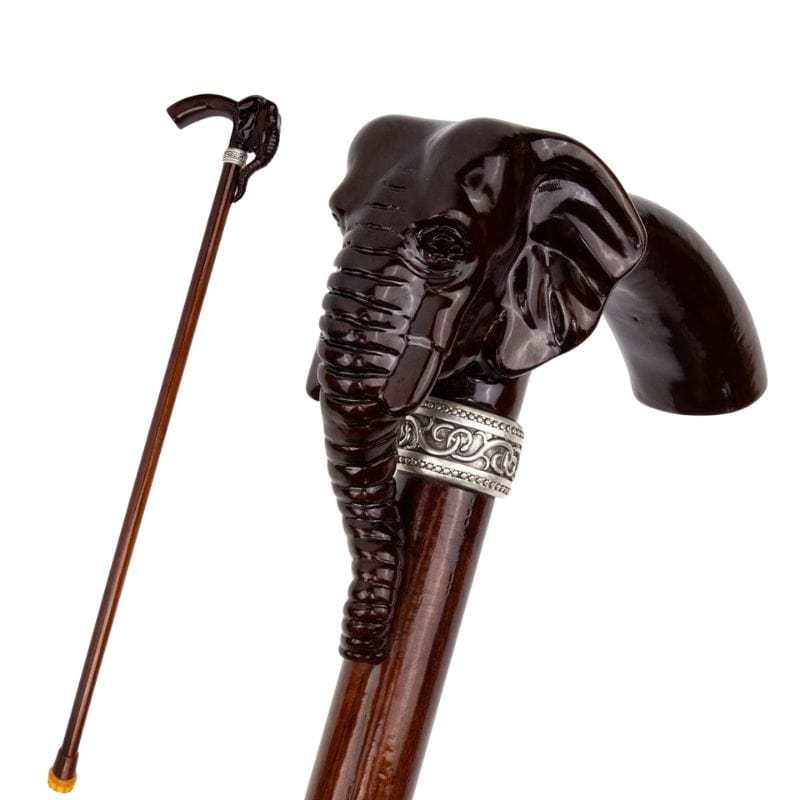 elephant head wooden walking cane