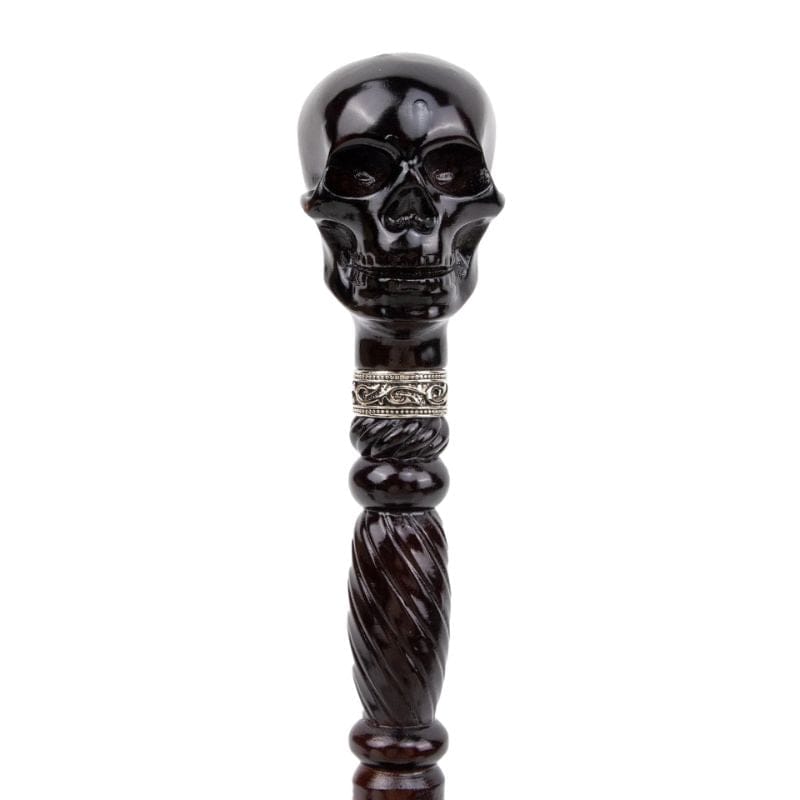 skull head wooden walking cane - handle detail