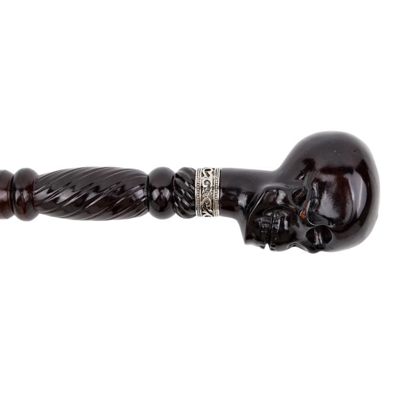skull head wooden walking cane - tip and ferrule