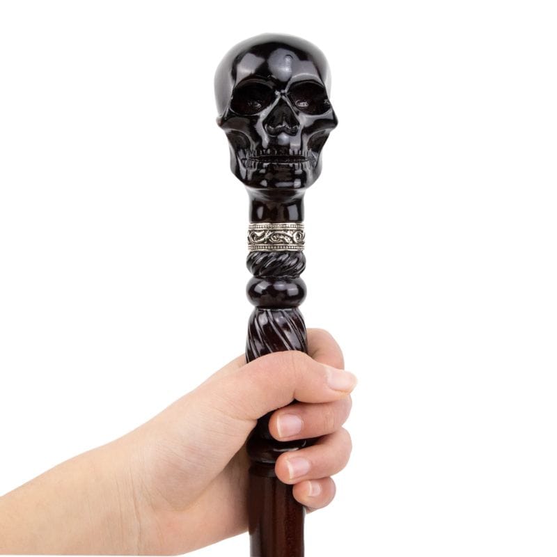 skull head wooden walking cane - full length view