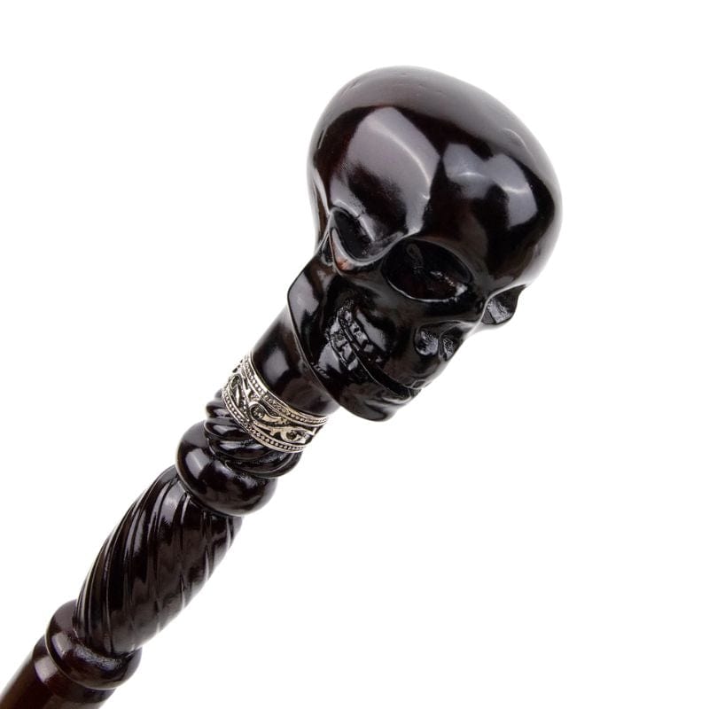 skull head wooden walking cane - pommel detail