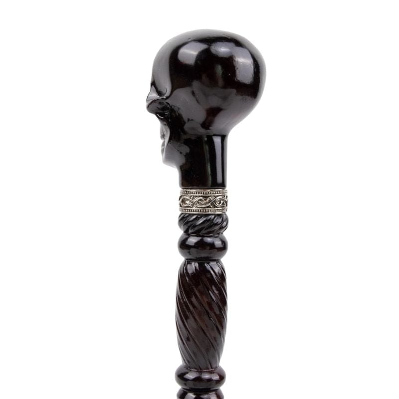 skull head wooden walking cane - side profile