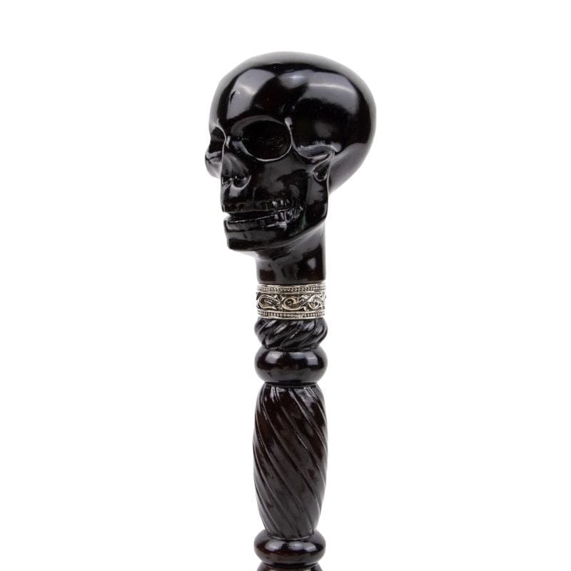 skull head wooden walking cane - close-up view