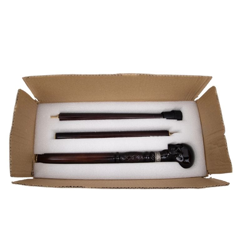skull head wooden walking cane - gift box packaging